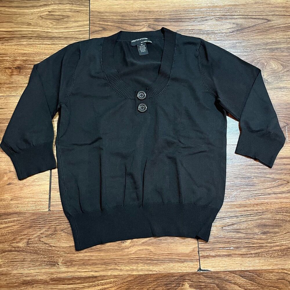 Lifestyle Attitude by Larry Levine Black Shirt 3/4 Sleeve Top Button Women's M